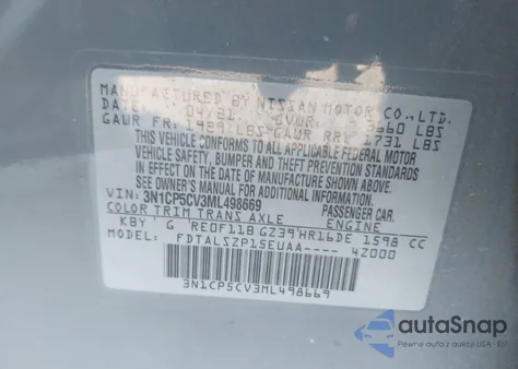 2021 Nissan Kicks Sv Xtronic Cvt z USA, uszkodzony, nr VIN 3N1CP5CV3ML498669